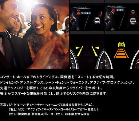 コンサート・ホールまでのドライビングは、同伴者をエスコートする大切な時間。ドライビング・アシスト・プラス、レーン・チェンジ・ウォーニング、アクティブ・プロテクションが、先進テクノロジーを駆使してあらゆる角度からドライバーをサポート。安全かつスマートな運転を可能にし、路上でのリスクを未然に防ぎます。写真：（左上）レーン・ディパーチャー・ウォーニング（車線逸脱警告システム）、（右上）ACC／アクティブ・クルーズ・コントロール（ストップ&ゴー機能付）、（左下）衝突回避・被害軽減ブレーキ、（左下）前車接近警告機能